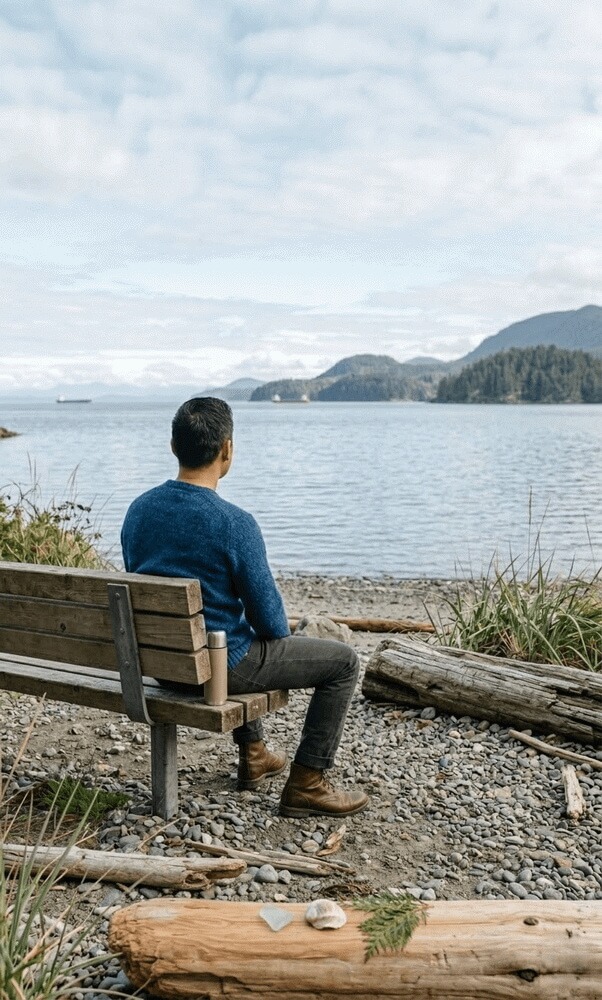 Man sitting on a bench on a south Vancouver island beach, staring out into the water contemplating his recent divorce. Quote over laid that said "If you find yourself in troubled waters, John and his team can definitely assist you in finding a safe harbour."