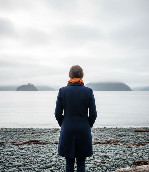Lone woman looking out on a BC west coast beach contemplating her divorce.