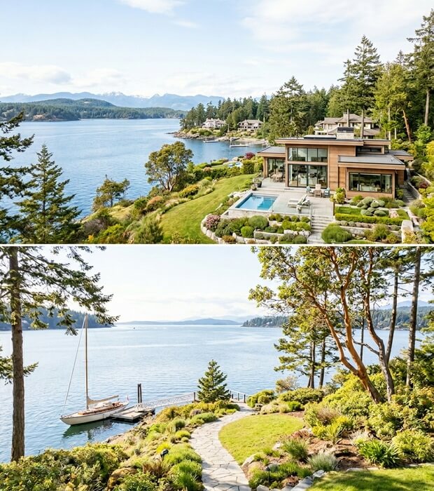 Modern beach front home and sail boat on Victoria BC estate