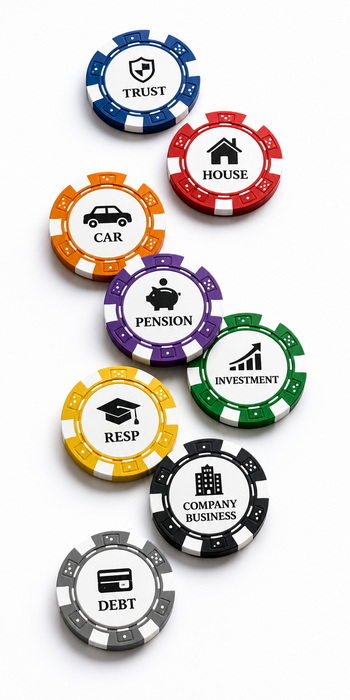 Poker chips with different labels for Trust, Home, Car, Pension, Investments, RESP, Company Business, and Debt as representation for assets to divide in a divorce