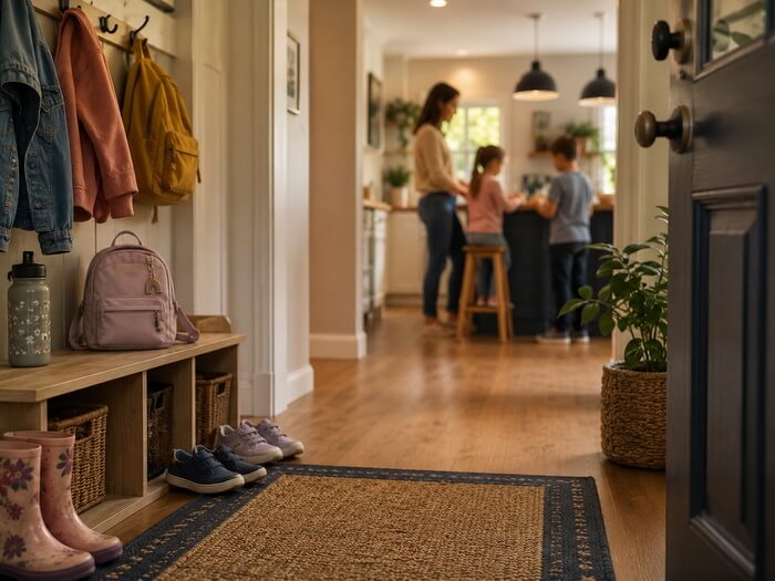 Child Support – family law service index card (1)1 (1) View of the front entrance to a home looking in towards a kitche. There are childrens shoes, and backpacks at the entrance and a mother and two children are chatting in the kitchen of the home in the background, illustrating child support and financial responsibility for children after divorce.