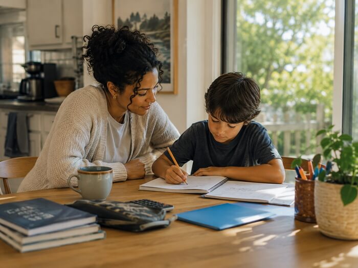 Parent assisting a child with schoolwork in a warm family setting, illustrating child support and financial responsibility for children.