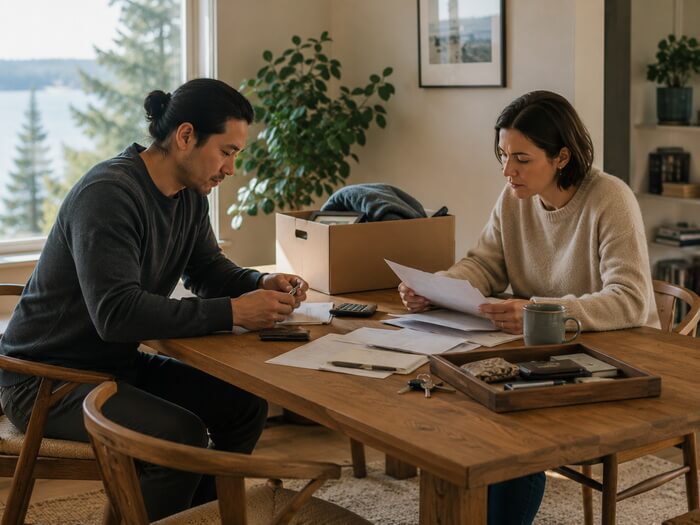 A young common-law couple sits together at a dinging table going over their common law separation agreement.