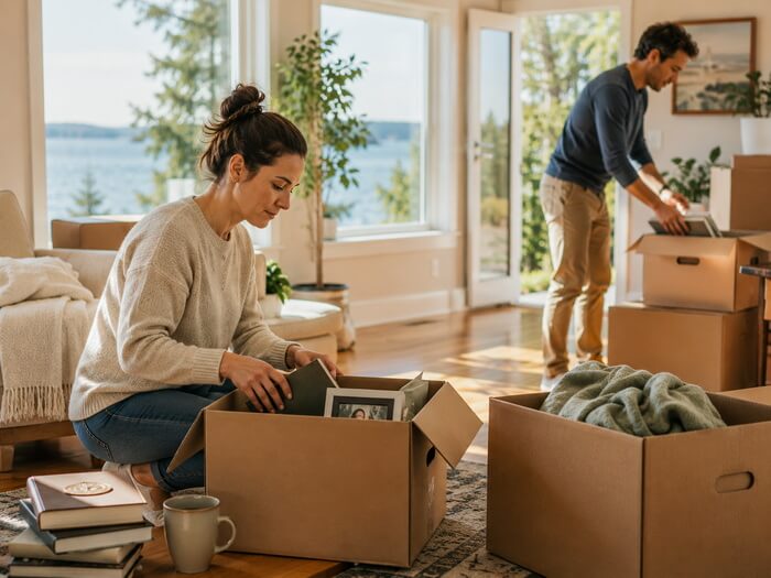 A husband and wife depicted packing up their belongings in their Vancouver Island home as they go through a divorce.