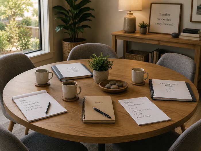 Overhead view of a desk with a document listing shared and individual property, a calculator, a picture of a house, money and other items that are considered during property division in a divorce.