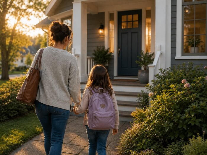 Parent and child walking toward a safe and welcoming home at sunset, representing family violence protection, safety, and a fresh start.