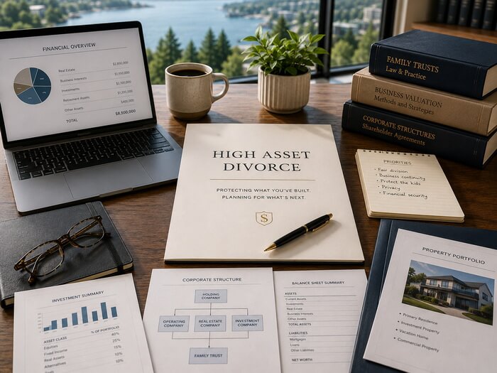Professional office workspace with financial reports, business valuation documents, family trust materials, and waterfront views representing high-asset divorce and complex property division.