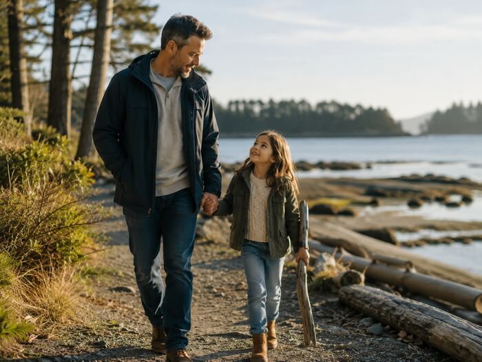 Parent and child walking together along a Vancouver Island shoreline, representing child custody, parenting time, and meaningful parent-child relationships.