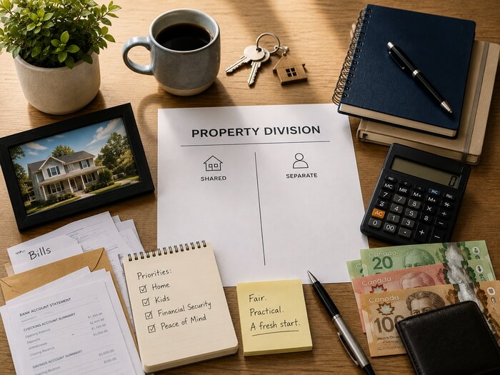 Overhead view of a desk with a document listing shared and individual property, a calculator, a picture of a house, money and other items that are considered during property division in a divorce.