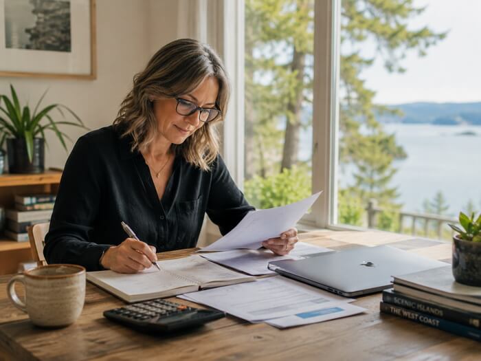 A woman sits at her table looking over financial documents relating to her spousal support.